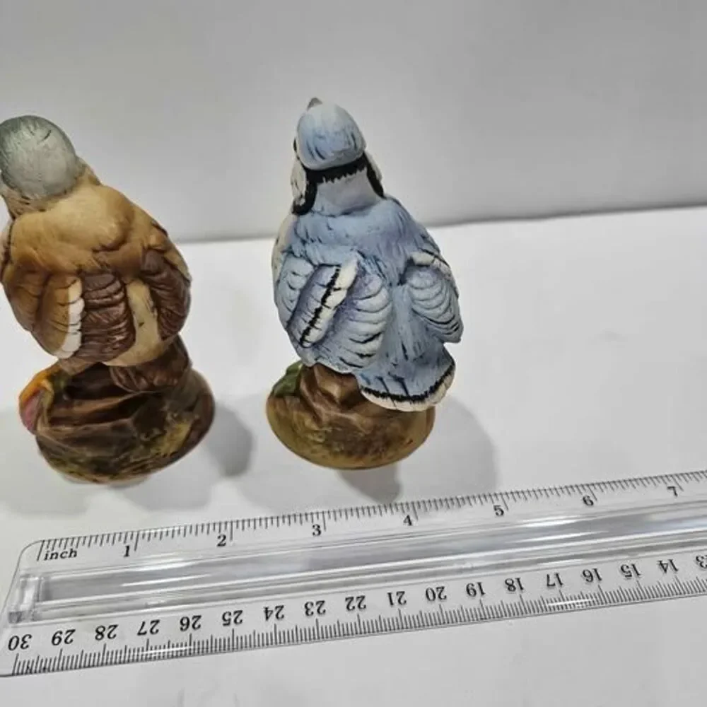 Set of 2 Ceramic Bird Figurines Blue Jay & Brown Bird